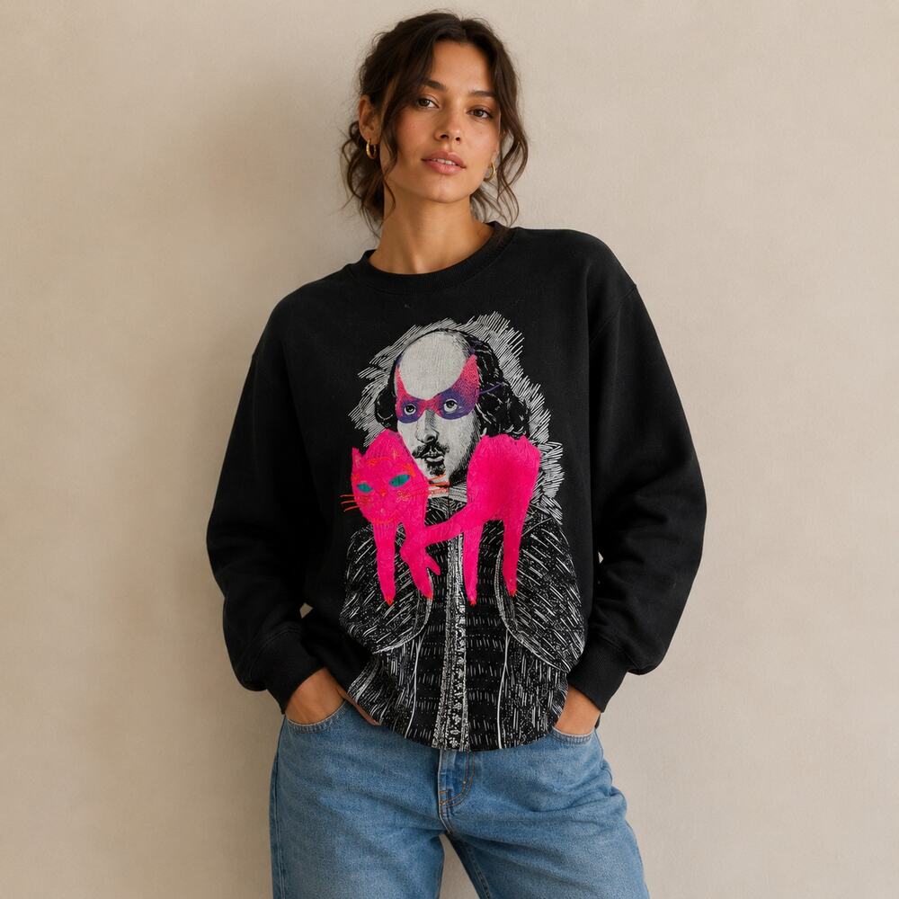 Katya Dobryakova Embroidery Fleece Sweatshirt Womens S Black Crewneck